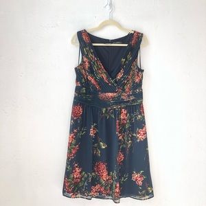 esprit navy floral dress surplice neckline pleats